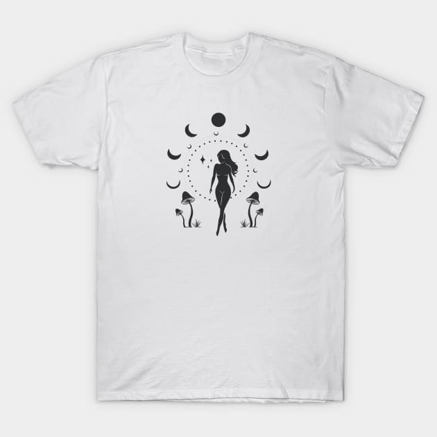 Moon Mushroom Goddess T-Shirt by studioaartanddesign